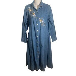 Denim Jazz Maxi Shirt Dress Ladies Sz Medium Embroidered 1990s